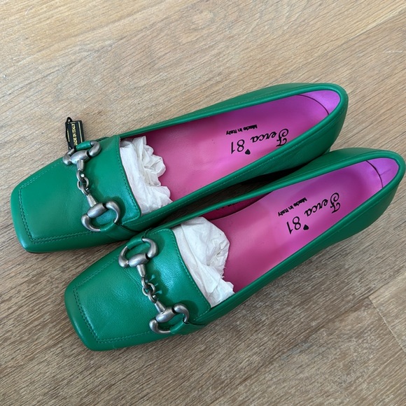New Made In Italy Ferca 81 Women’s Green Leather Horsebit Hardware Pump Flats - Picture 2 of 7